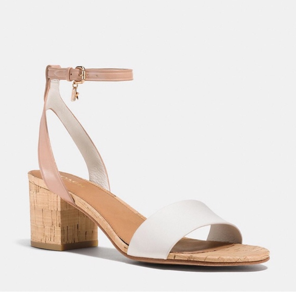 Coach White and Tan Block Heel Sandals